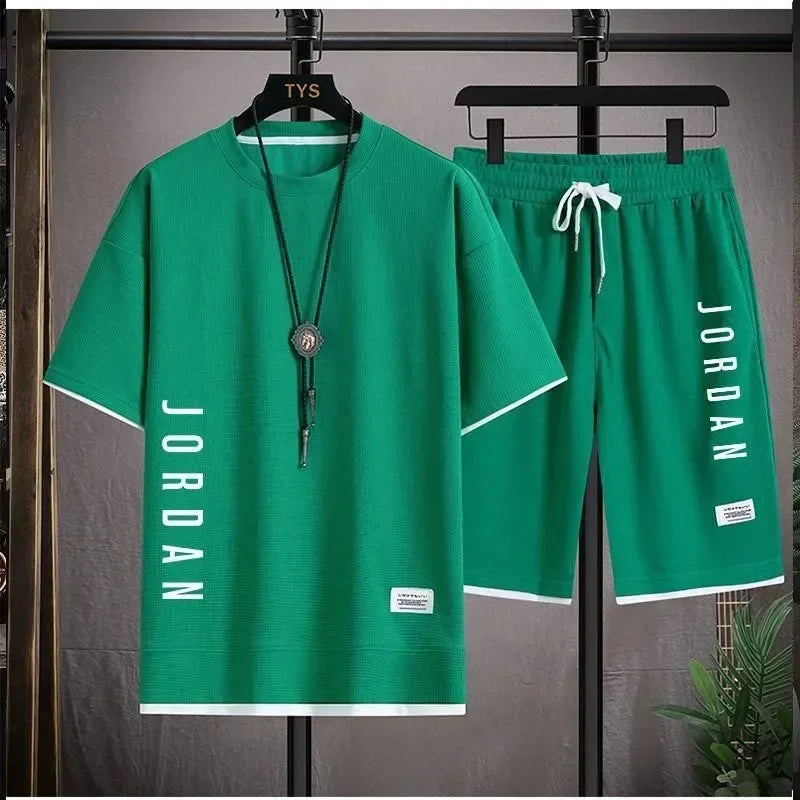 Summer Men Breathable Quick Dry Jogging Basketball Sports Suit Fashion Short-Sleeved Casual Crewneck T-Shirt + Shorts Two-Piece