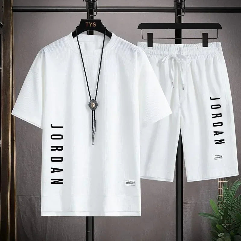 Summer Men Breathable Quick Dry Jogging Basketball Sports Suit Fashion Short-Sleeved Casual Crewneck T-Shirt + Shorts Two-Piece