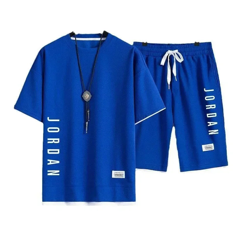 Summer Men Breathable Quick Dry Jogging Basketball Sports Suit Fashion Short-Sleeved Casual Crewneck T-Shirt + Shorts Two-Piece